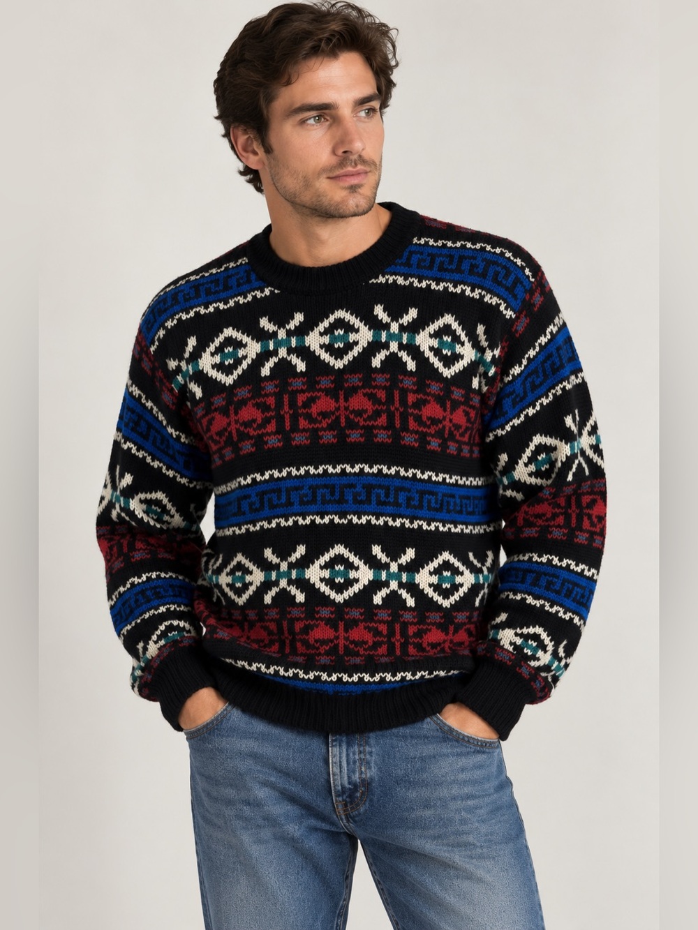 Vintage Neil Martin 100% Wool Fair Isle Geometric Black Crewneck Sweater